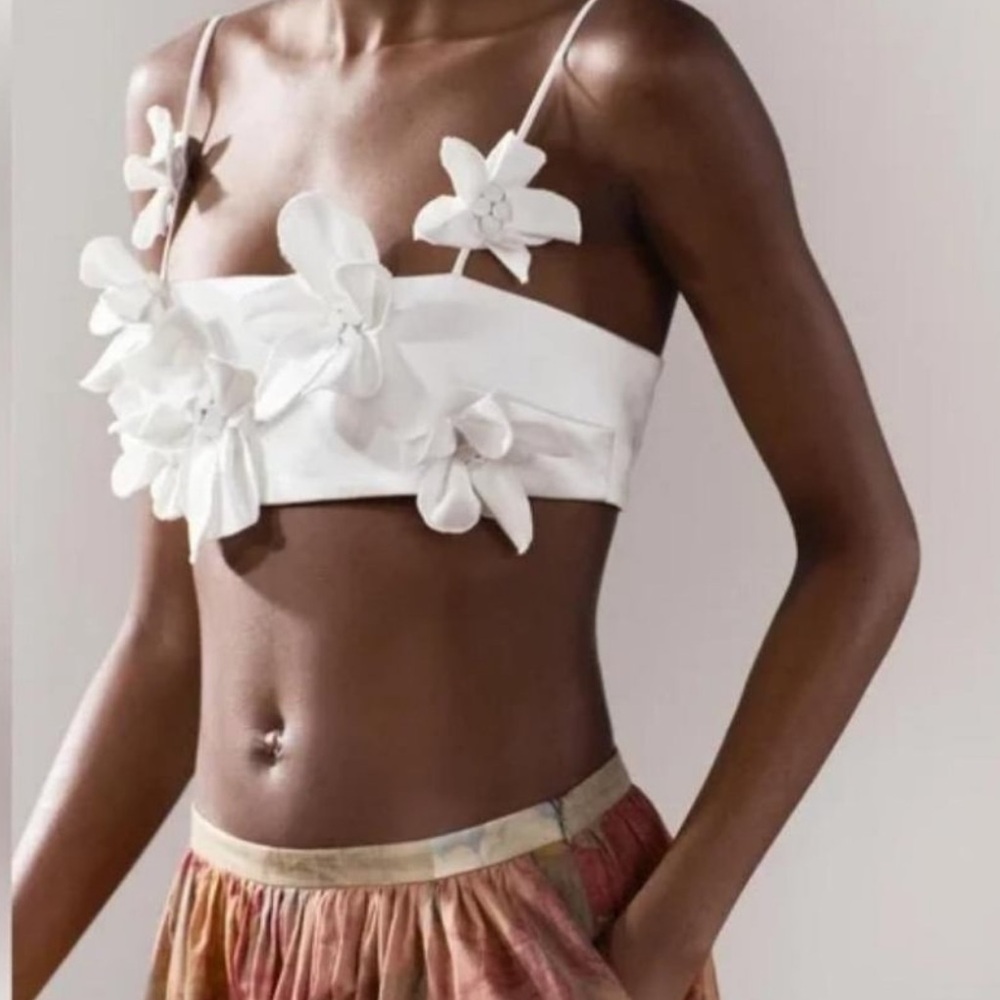 Zara ZW collection white Floral Crop Top